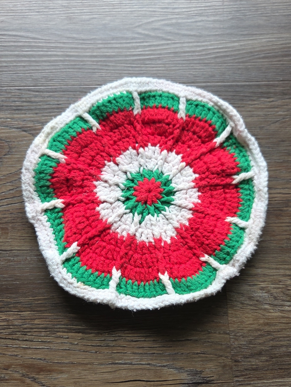 Handmade Crochet Round Trivet in Red, Green & White